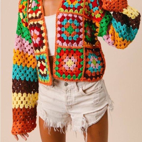 New Color! Bibi Handmade Vibrant Crochet Multicolor Cropped Cardigan Sweater - Picture 8 of 12